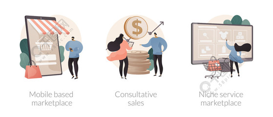 電子商務應用程序抽象概念矢量插圖集。基于移動的市場、咨詢銷售、利基服務在線零售、使用智能手機抽象隱喻買賣產(chǎn)品。電子商務應用程序抽象概念矢量插圖。